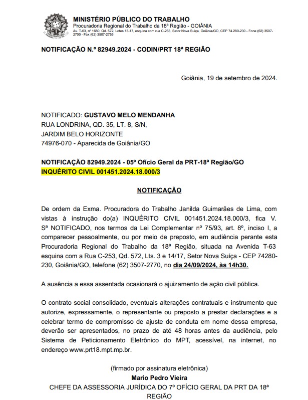 MPT notifica Gustavo e Leandro para audiência sobre assédio eleitoral