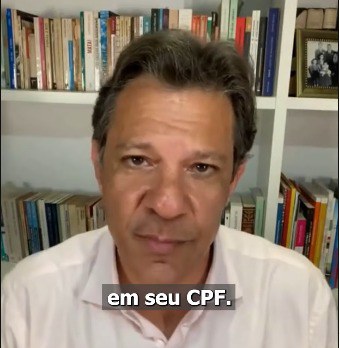 A imagem mostra um instante do vídeo forjado do ministro Haddad usado por golpistas para enganar pessoas