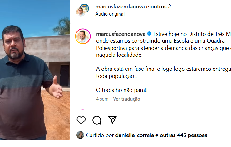 Prefeitura anuncia fase final de construção de escola e quadra poliesportiva no Distrito de Três Marcos